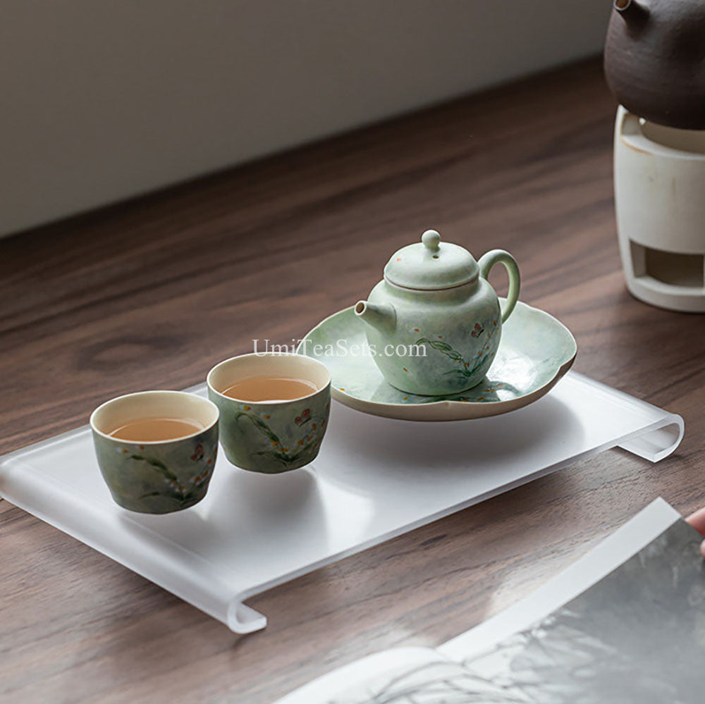 Green Glazed Ceramic Orchid and Butterfly Tea Set