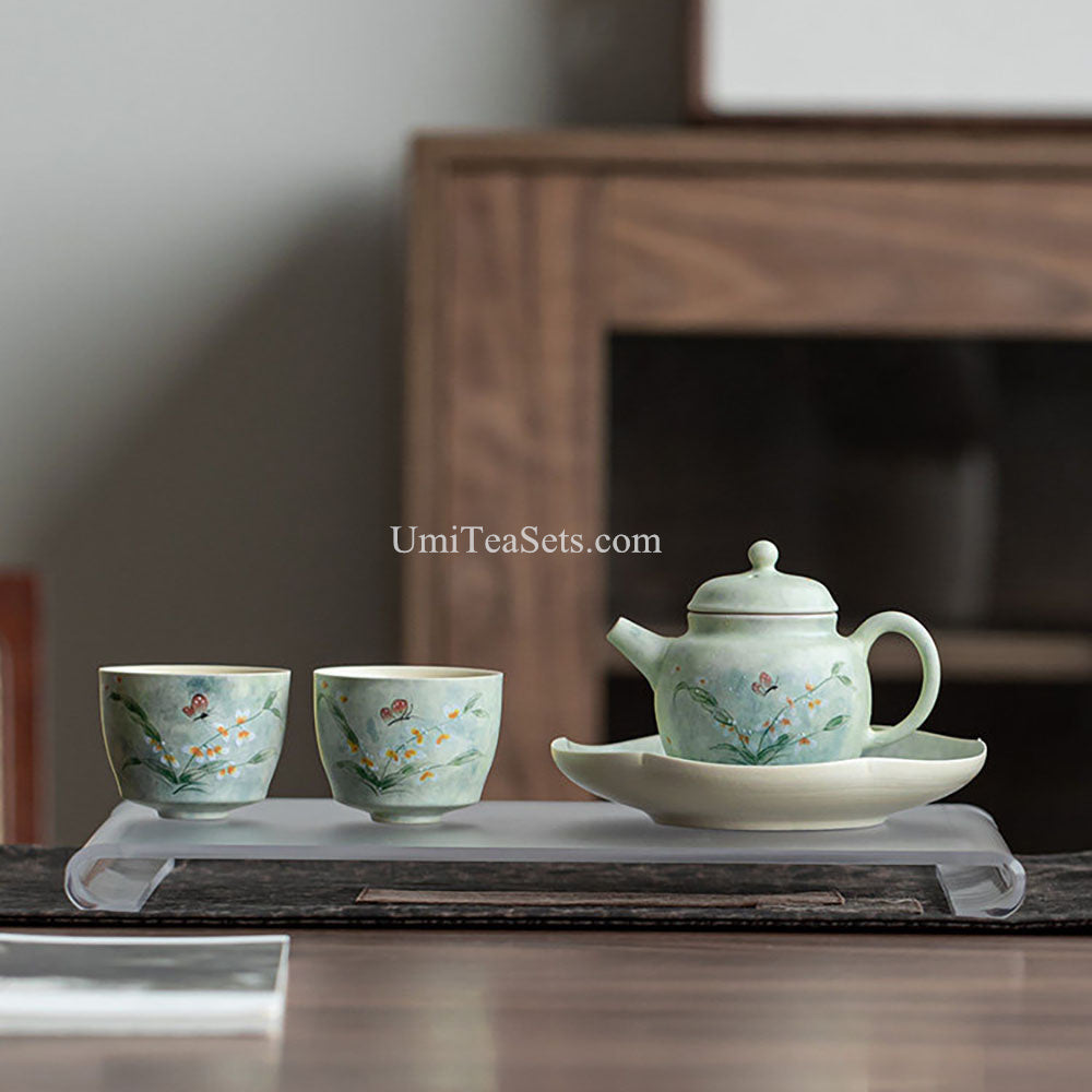 Green Glazed Ceramic Orchid and Butterfly Tea Set