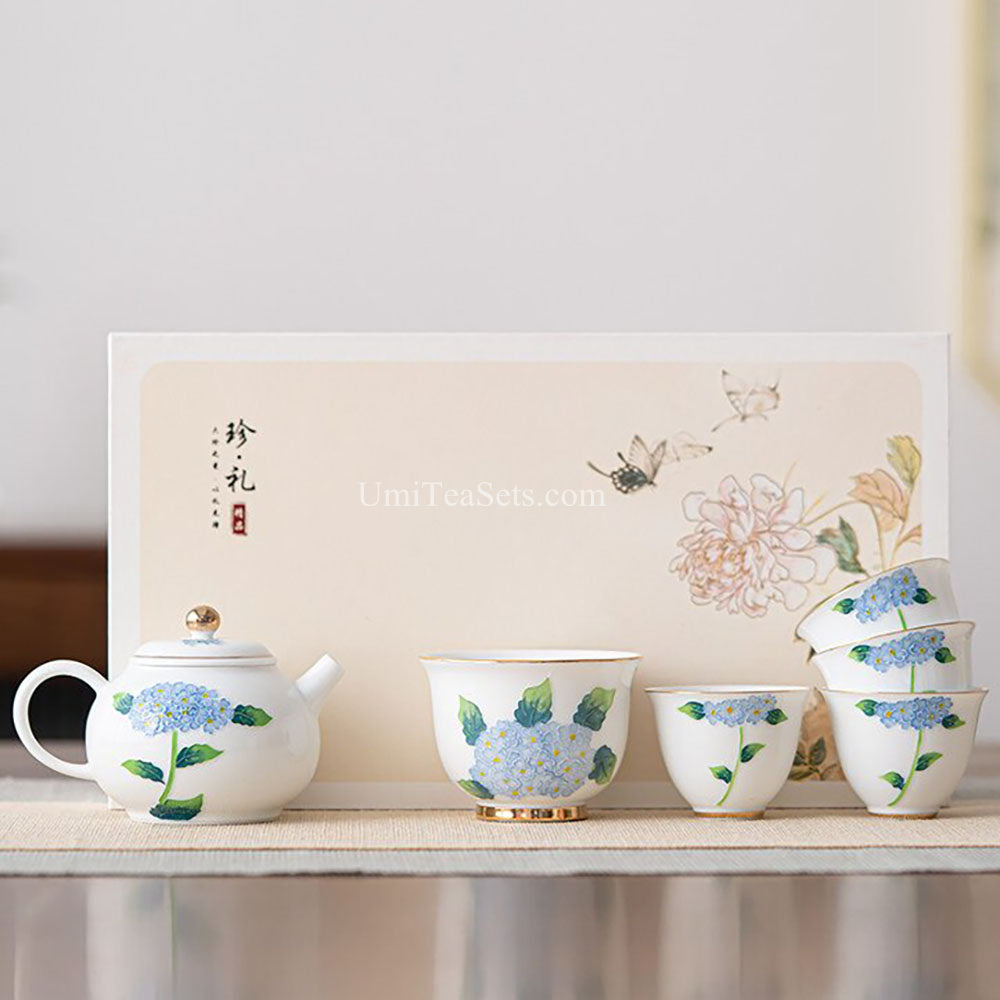 Blue Hydrangea Porcelain Tea Set with Gold Accents