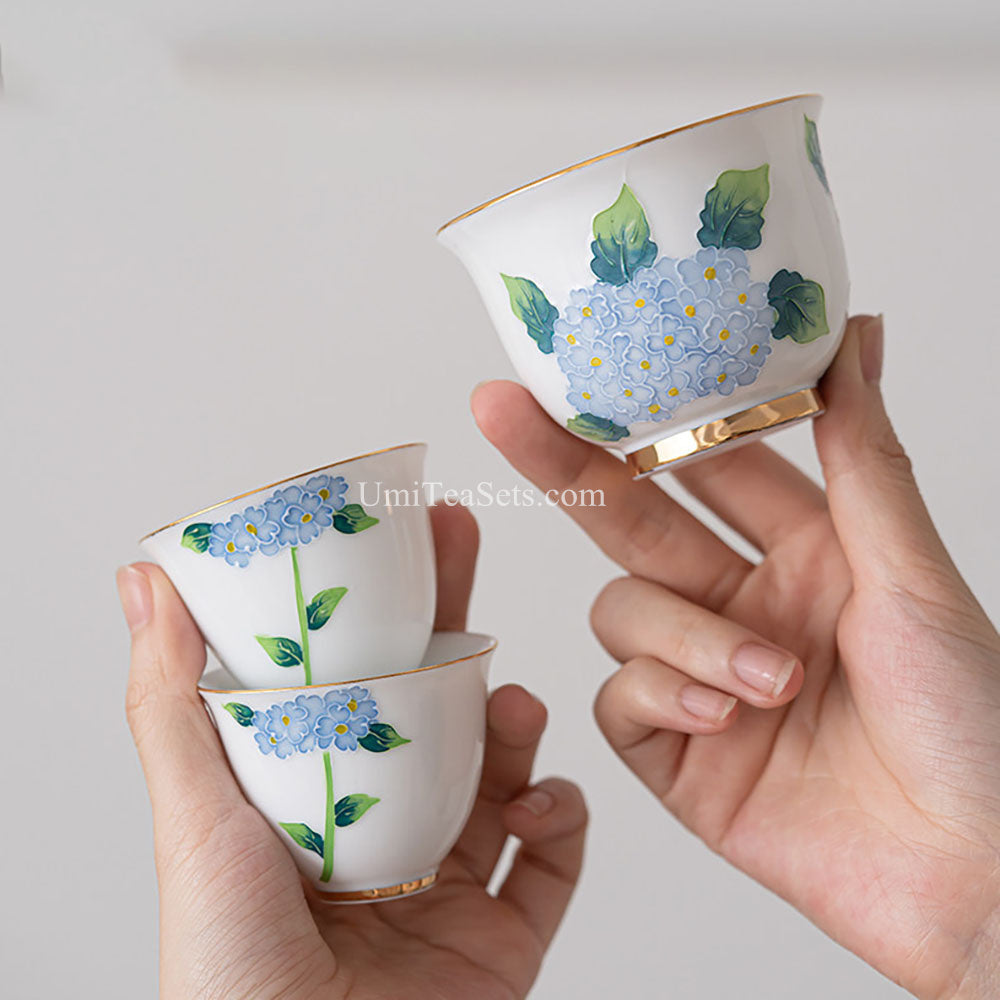 Blue Hydrangea Porcelain Tea Set with Gold Accents