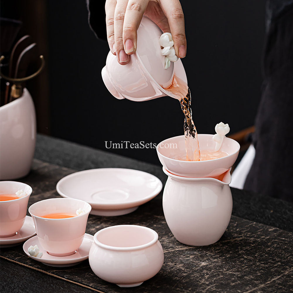 Pink Jasmine Porcelain Tea Set with Gaiwan and Teacups