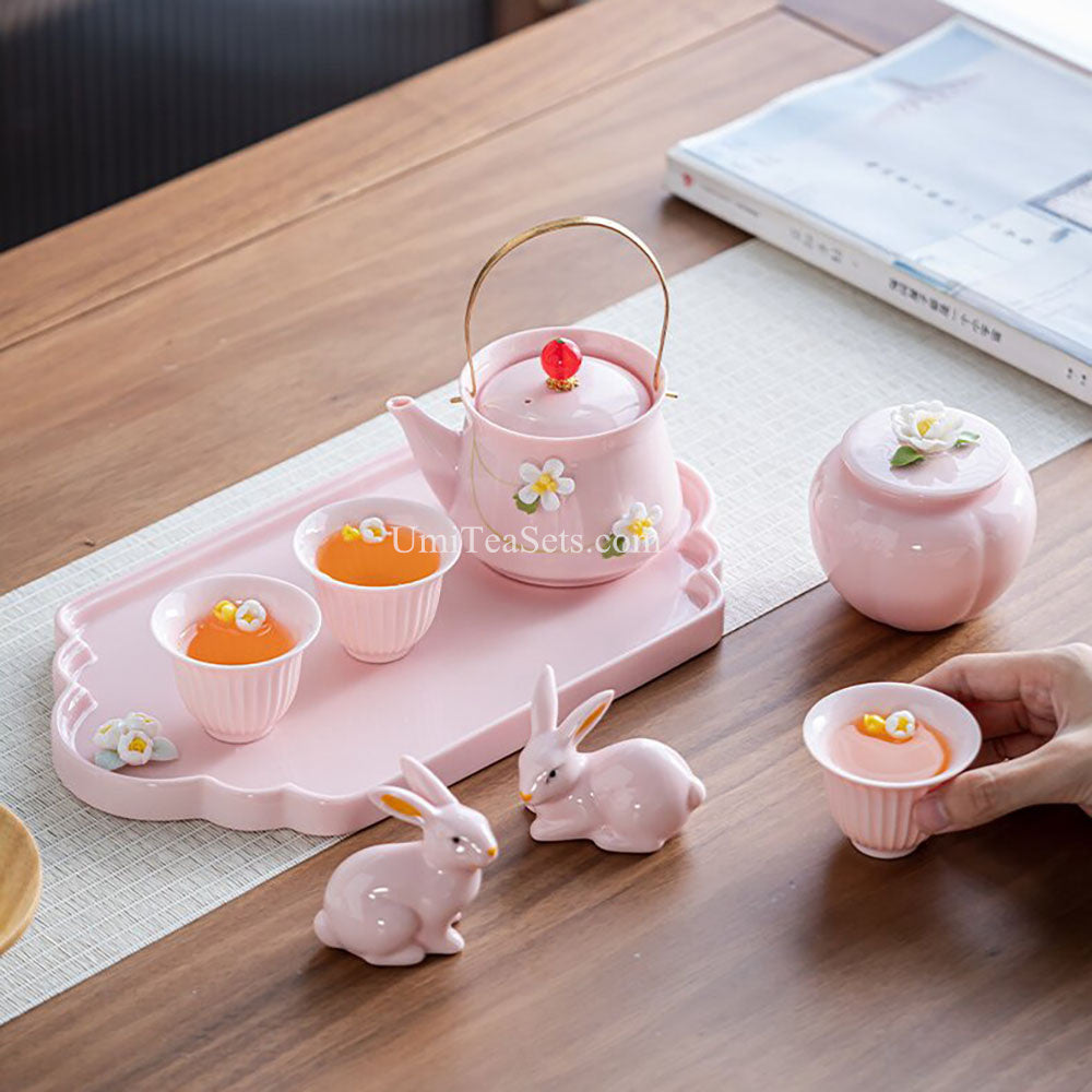 Pink Floral Porcelain Tea Set with Bunny Figurines