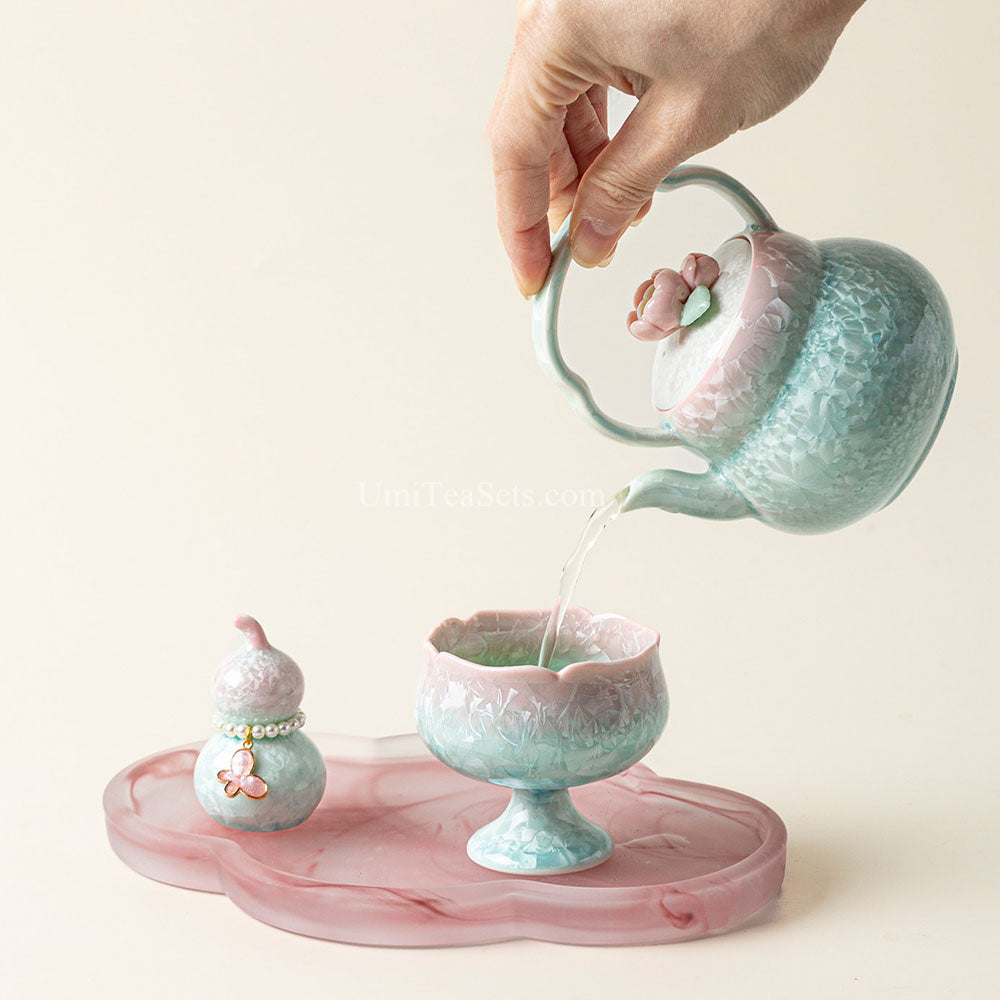 Pink-Green Gradient Ruyao Porcelain Tea Set with Tray and Tea Pet