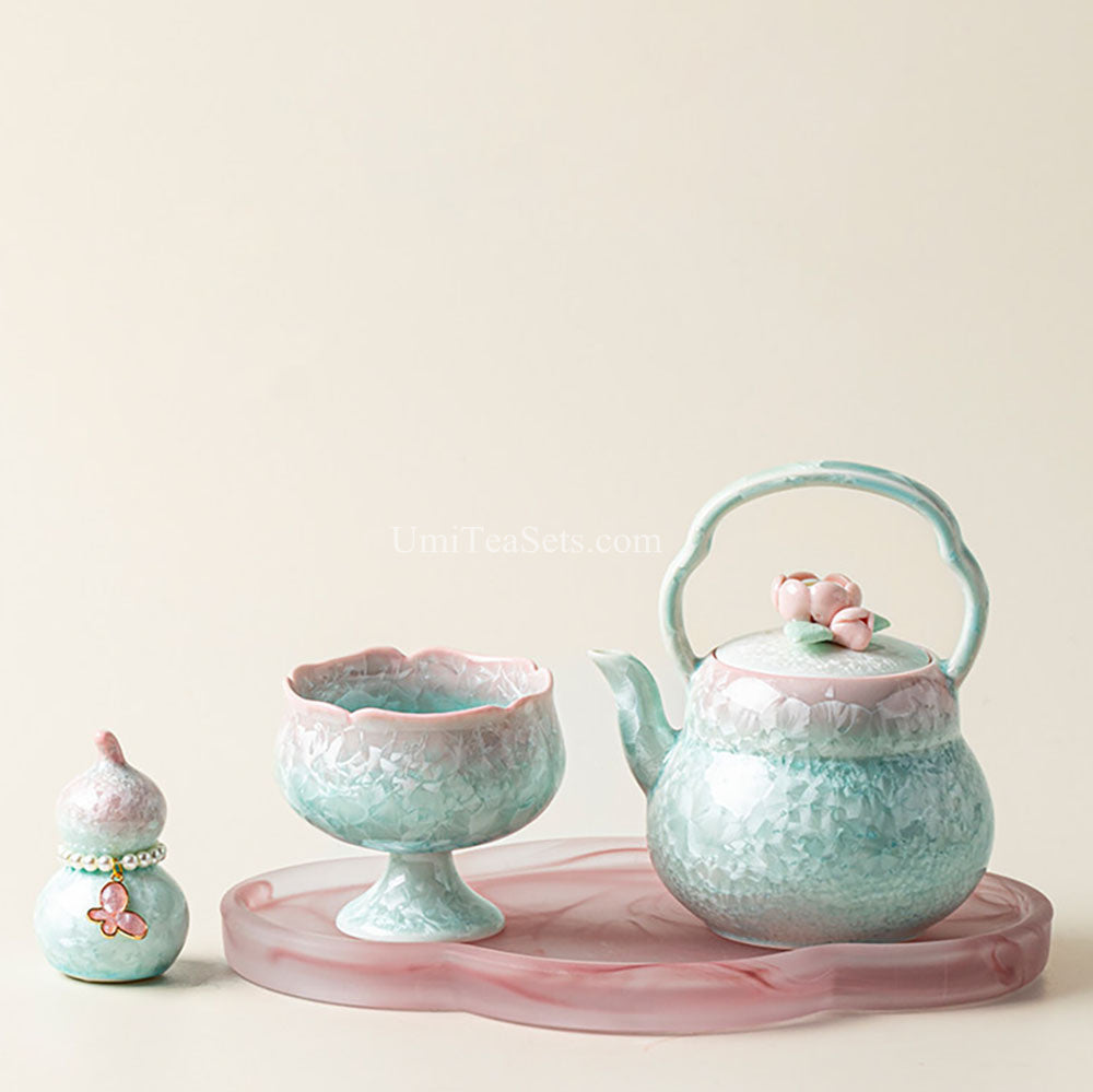 Pink-Green Gradient Ruyao Porcelain Tea Set with Tray and Tea Pet