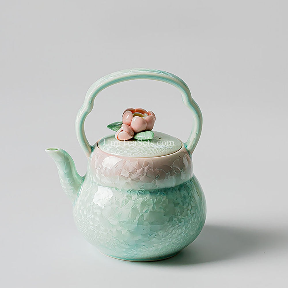Pink-Green Gradient Ruyao Porcelain Tea Set with Tray and Tea Pet