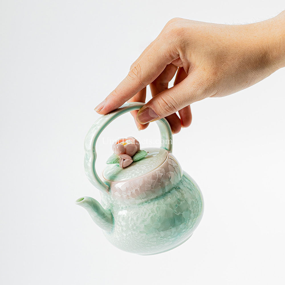 Pink-Green Gradient Ruyao Porcelain Tea Set with Tray and Tea Pet