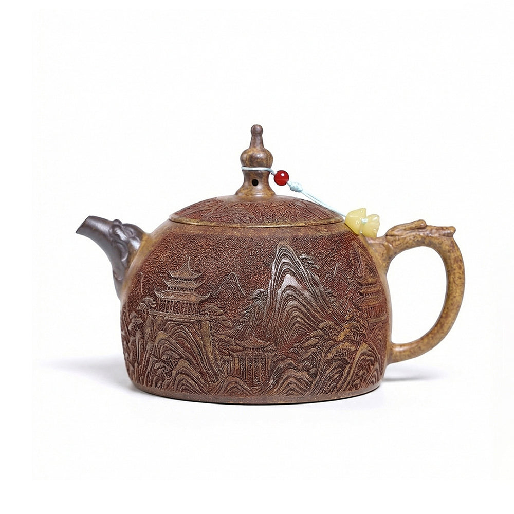 Yixing Dragon Bone Gold Sand Teapot with Landscape Carving
