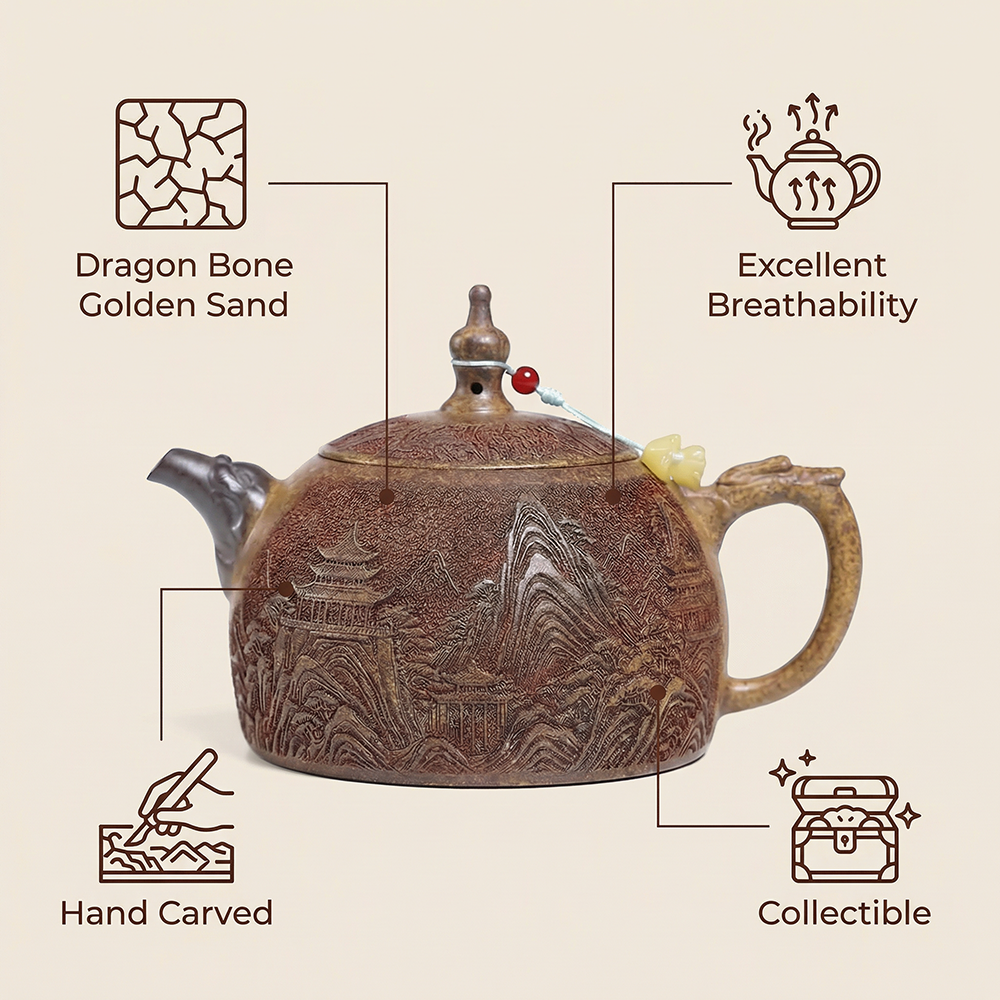 Yixing Dragon Bone Gold Sand Teapot with Landscape Carving