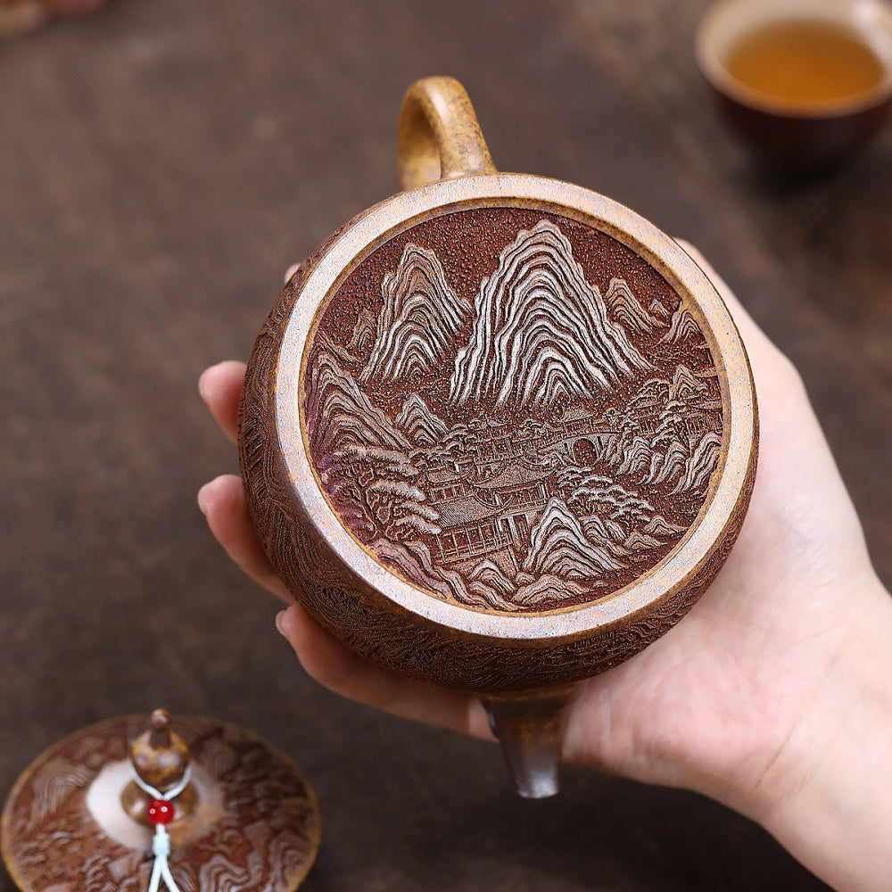 Yixing Dragon Bone Gold Sand Teapot with Landscape Carving