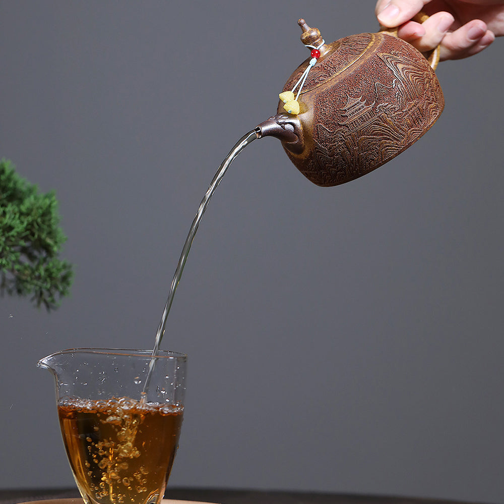Yixing Dragon Bone Gold Sand Teapot with Landscape Carving