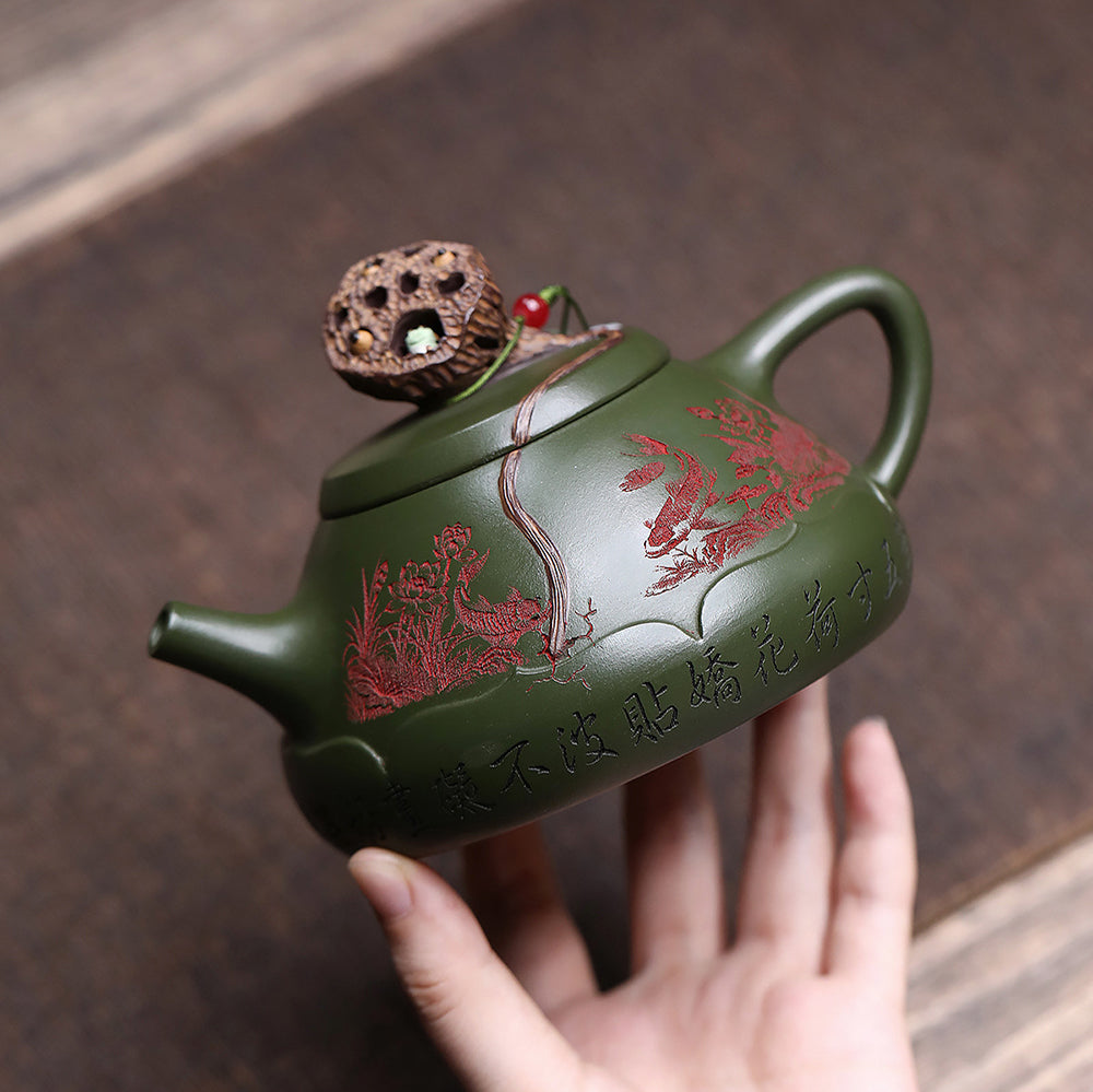 Yixing Green Clay Lotus Shi Piao Teapot with Frog Lid