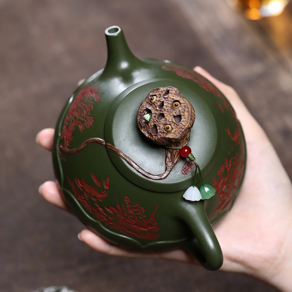 Yixing Green Clay Lotus Shi Piao Teapot with Frog Lid