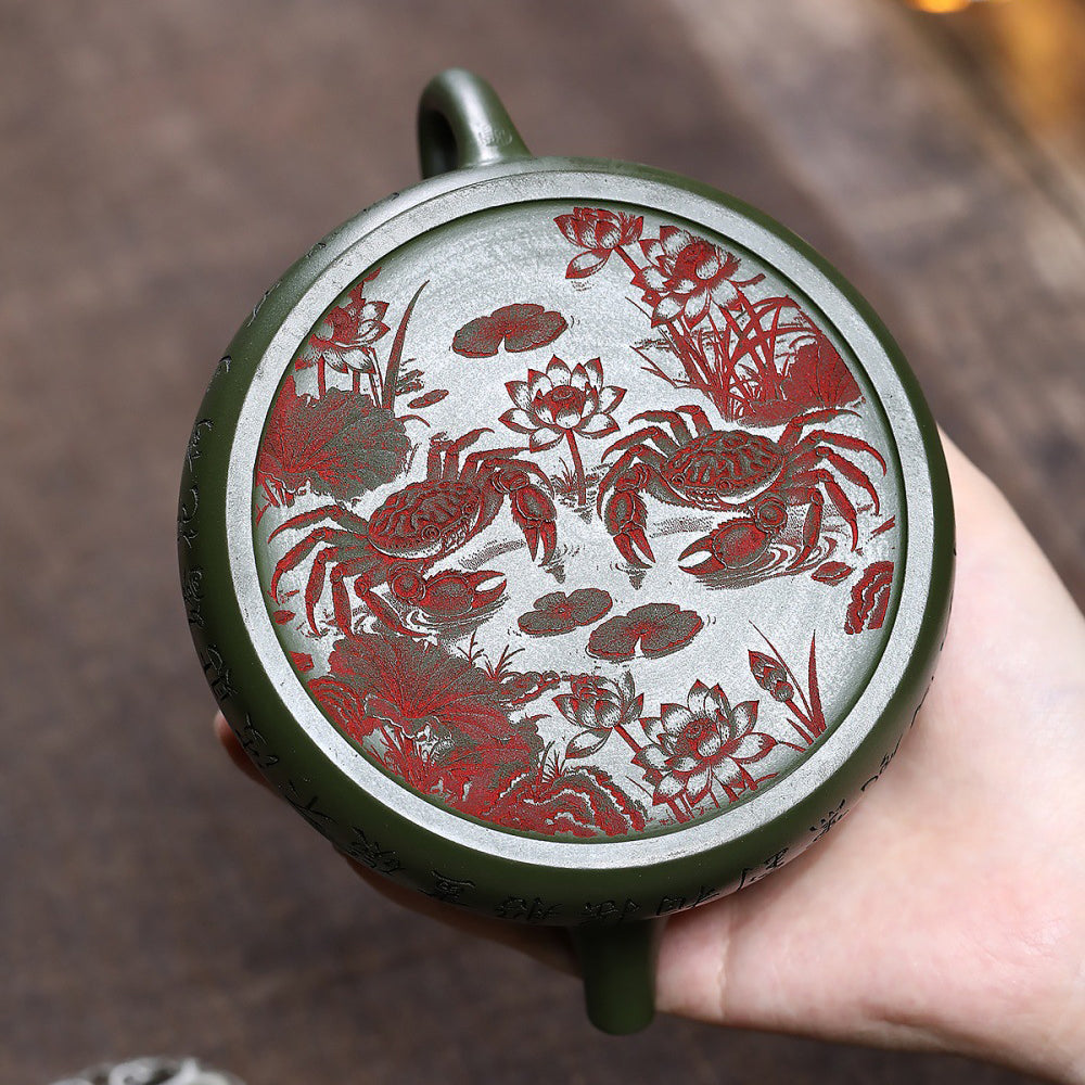 Yixing Green Clay Lotus Shi Piao Teapot with Frog Lid