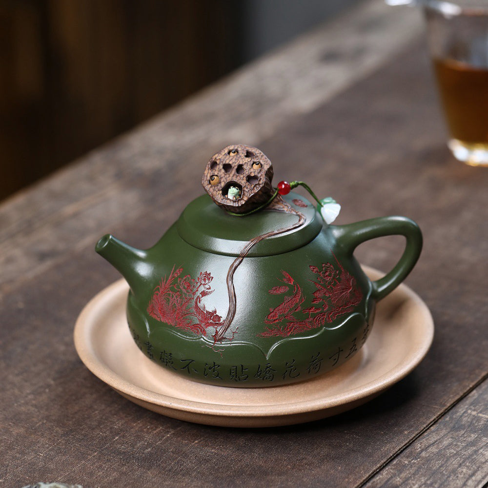 Yixing Green Clay Lotus Shi Piao Teapot with Frog Lid
