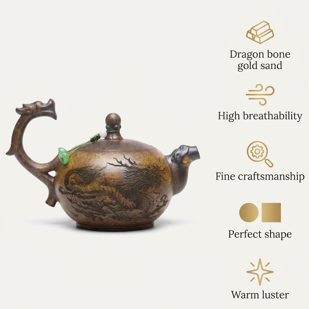 Yixing Dragon Bone Golden Sand Teapot with Luohan Design