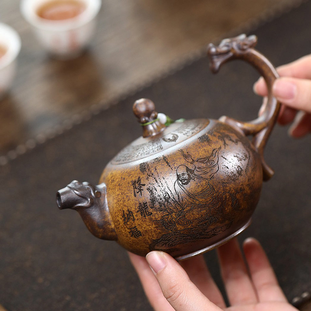 Yixing Dragon Bone Golden Sand Teapot with Luohan Design