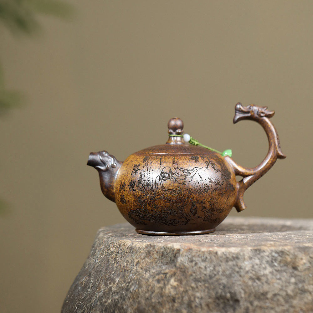 Yixing Dragon Bone Golden Sand Teapot with Luohan Design