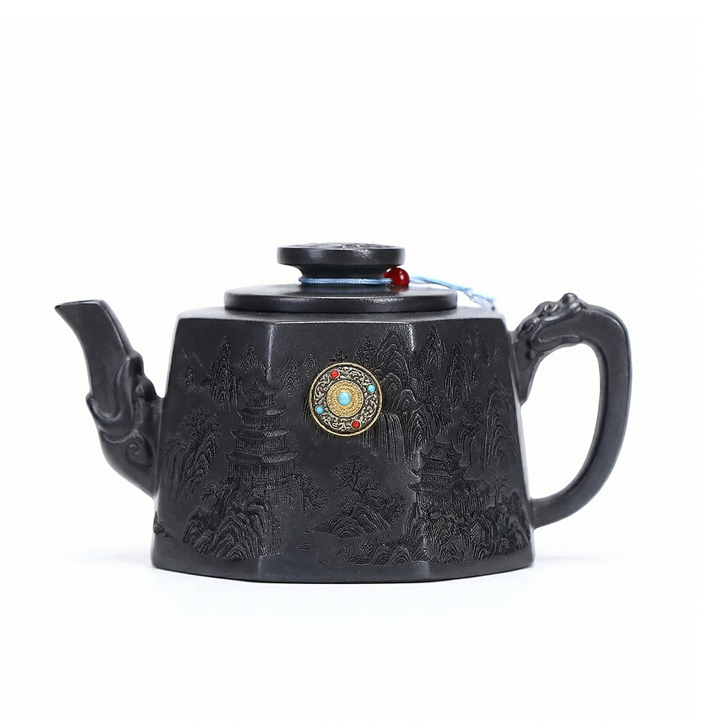 Yixing Stone Yellow Clay Octagonal Teapot with Landscape Carving