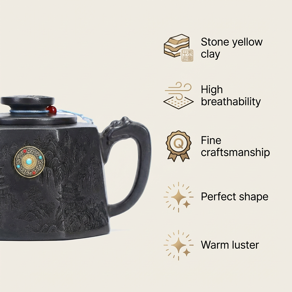Yixing Stone Yellow Clay Octagonal Teapot with Landscape Carving