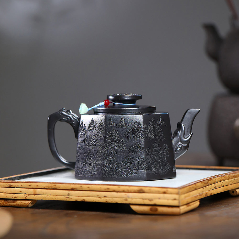 Yixing Stone Yellow Clay Octagonal Teapot with Landscape Carving