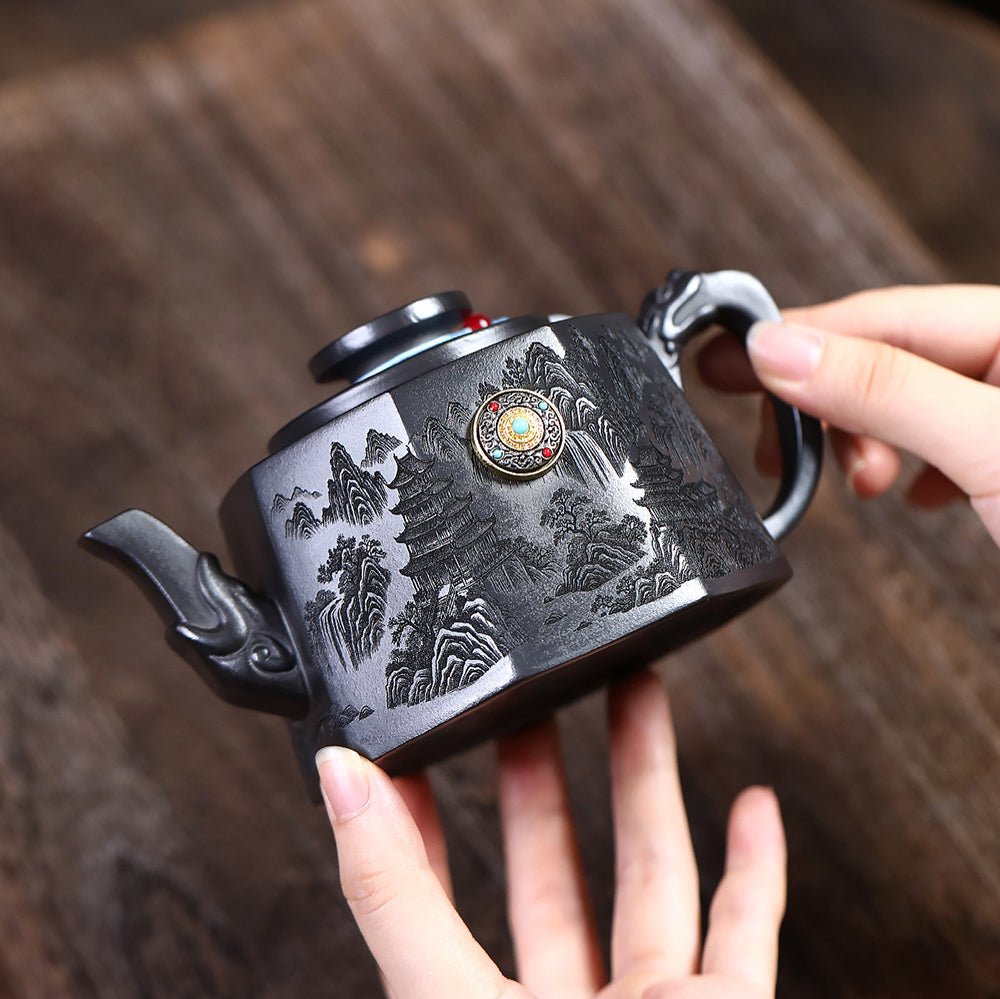Yixing Stone Yellow Clay Octagonal Teapot with Landscape Carving