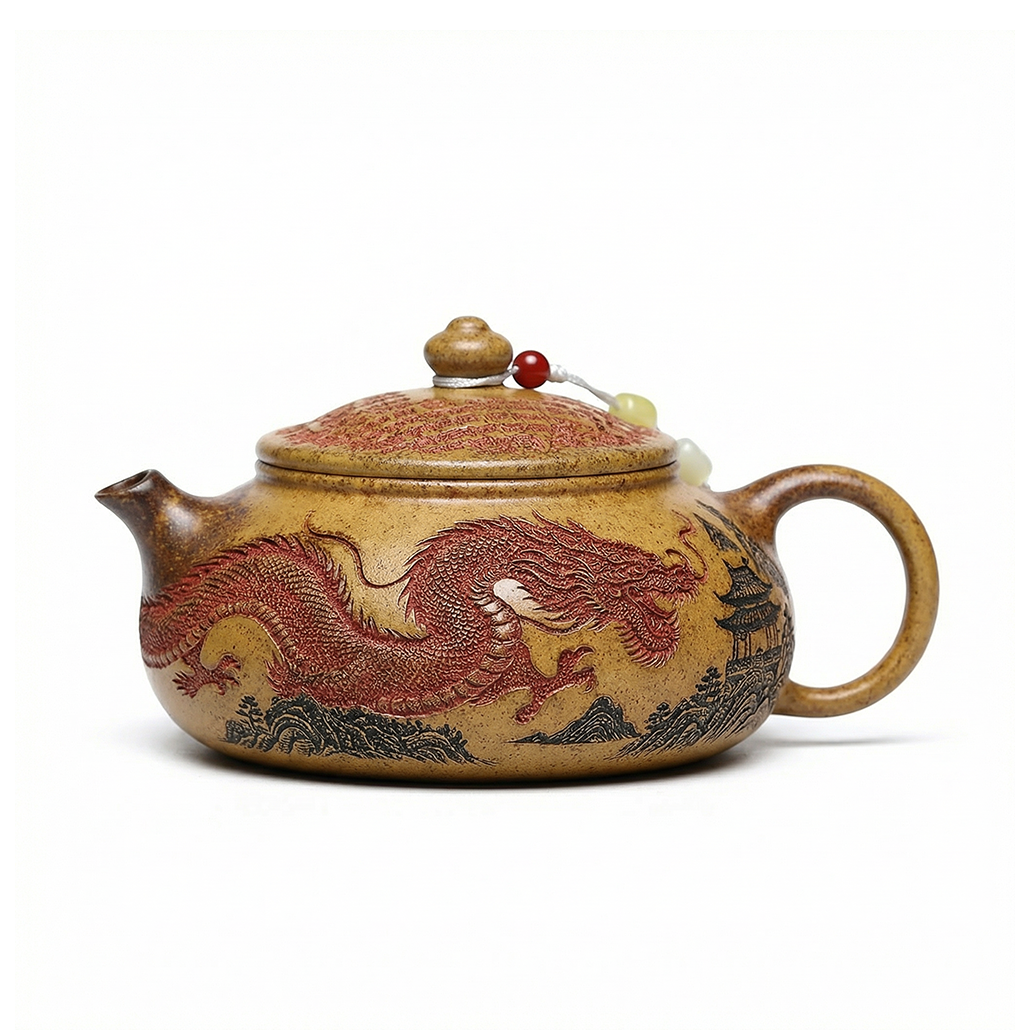Yixing Dragon Bone Gold Sand Teapot with Hand-Carved Design