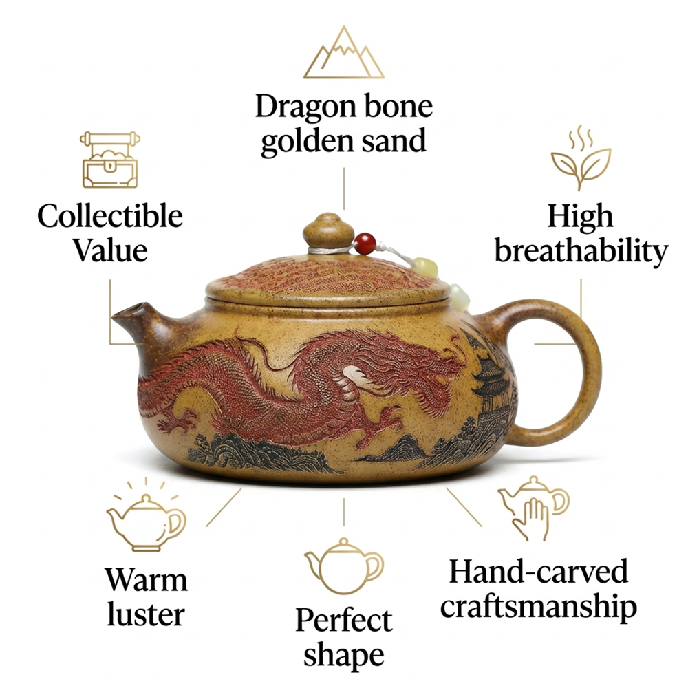 Yixing Dragon Bone Gold Sand Teapot with Hand-Carved Design