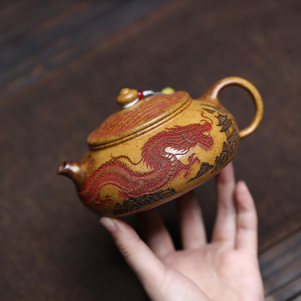 Yixing Dragon Bone Gold Sand Teapot with Hand-Carved Design