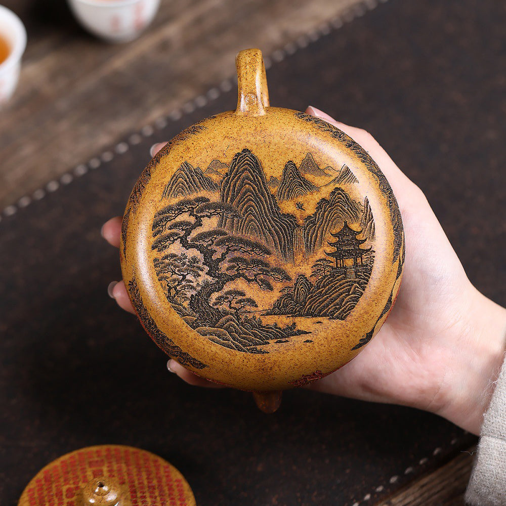 Yixing Dragon Bone Gold Sand Teapot with Hand-Carved Design