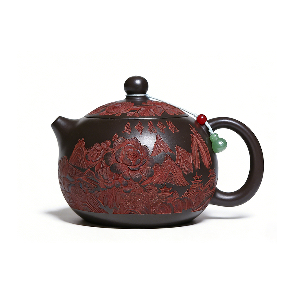 Yixing Purple Clay Hand-Carved Peony Teapot