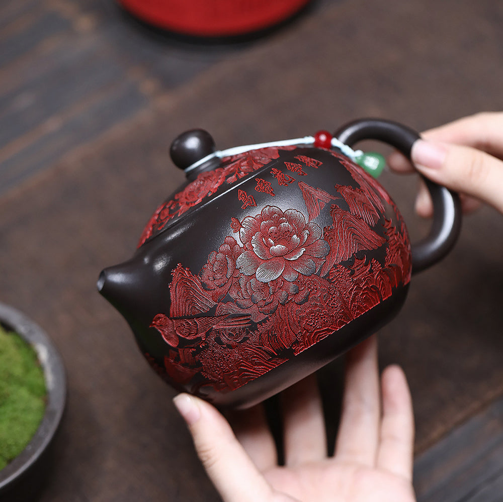 Yixing Purple Clay Hand-Carved Peony Teapot