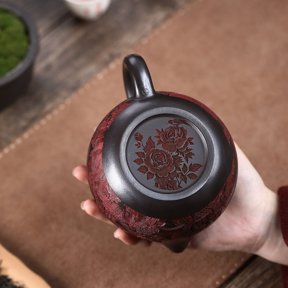 Yixing Purple Clay Hand-Carved Peony Teapot