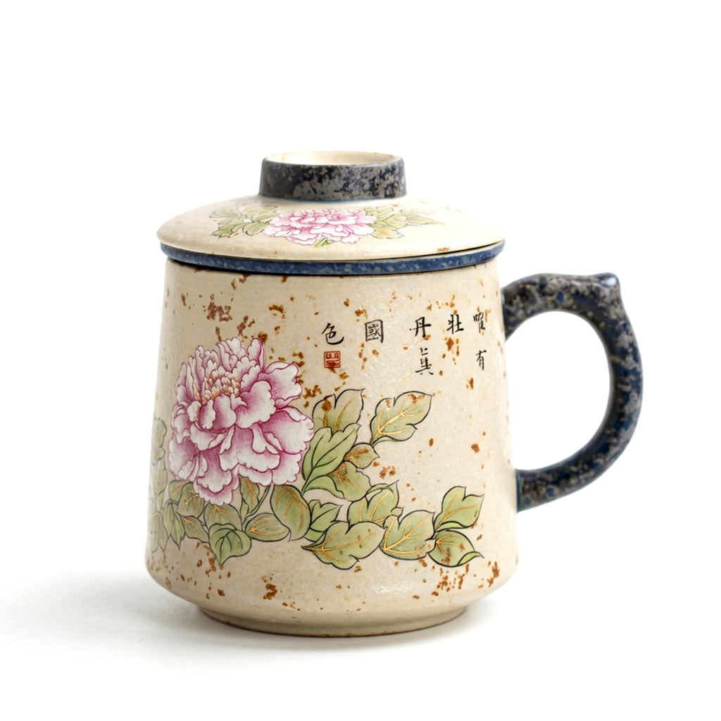 Flint Red Ceramic Peony Tea Cup with Infuser and Lid