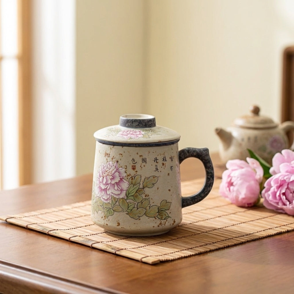 Flint Red Ceramic Peony Tea Cup with Infuser and Lid