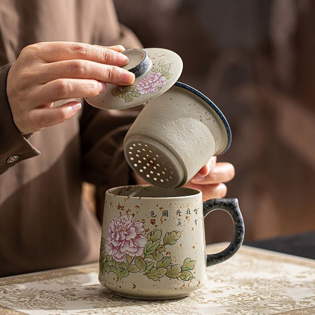 Flint Red Ceramic Peony Tea Cup with Infuser and Lid