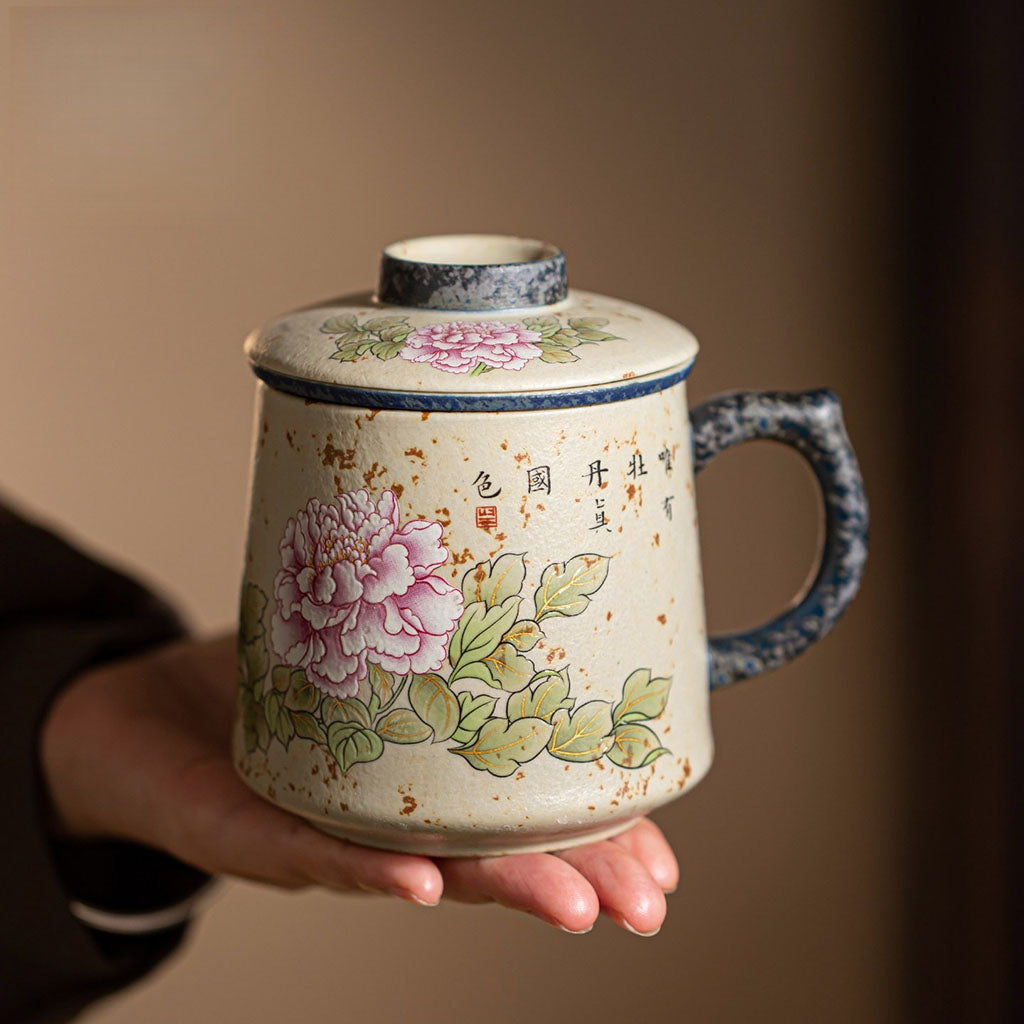 Flint Red Ceramic Peony Tea Cup with Infuser and Lid