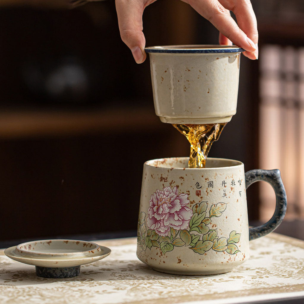 Flint Red Ceramic Peony Tea Cup with Infuser and Lid