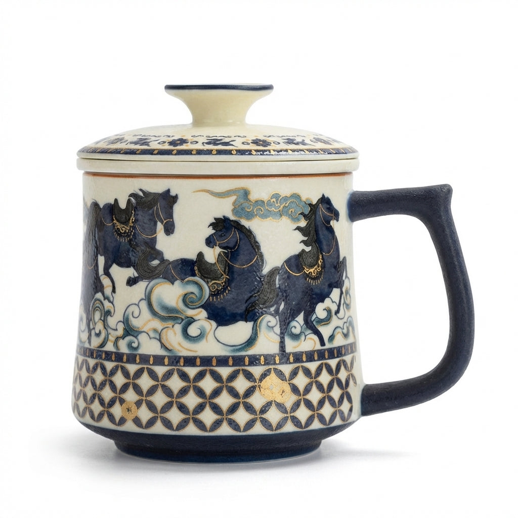Galloping Horse Ceramic Tea Cup with Infuser and Lid