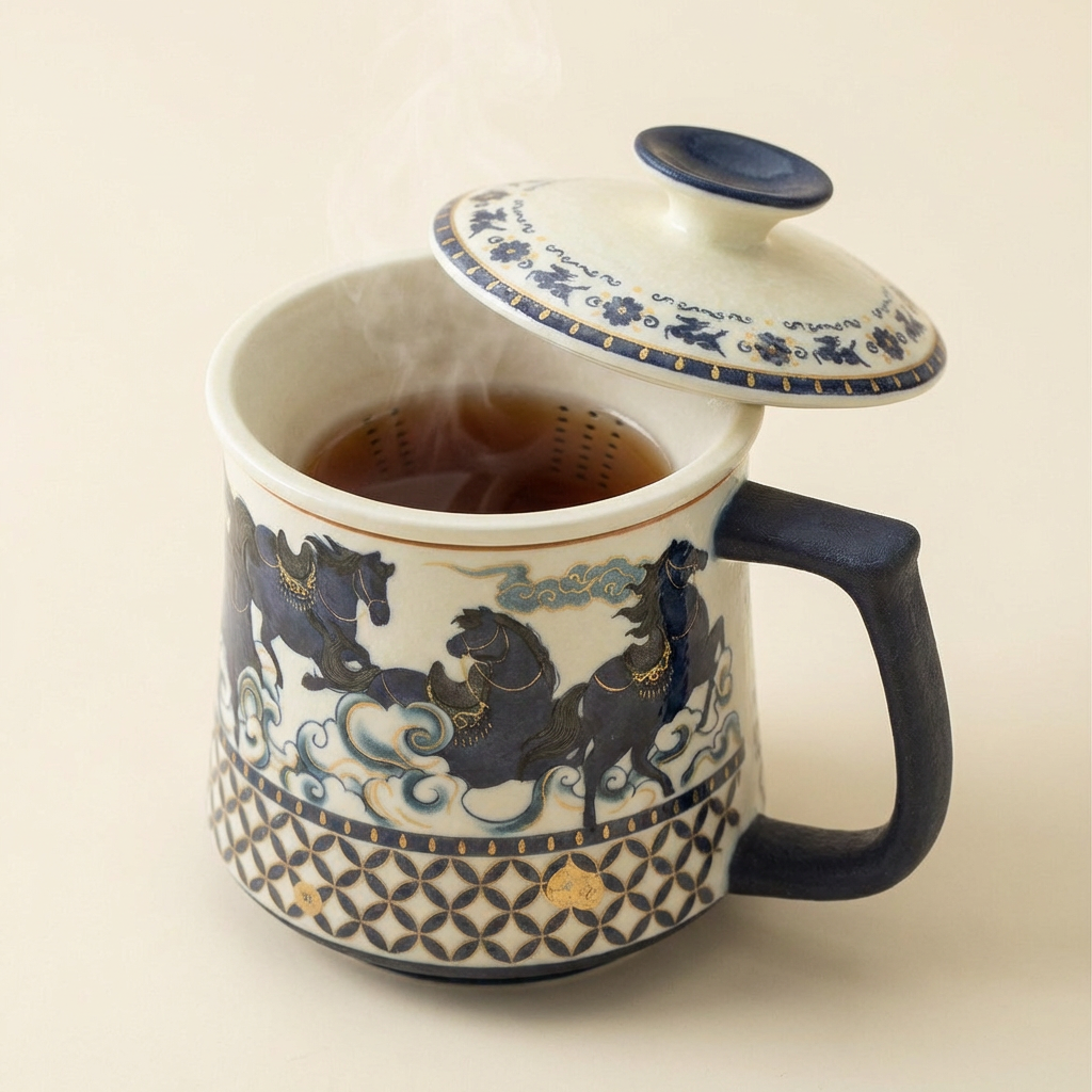 Galloping Horse Ceramic Tea Cup with Infuser and Lid