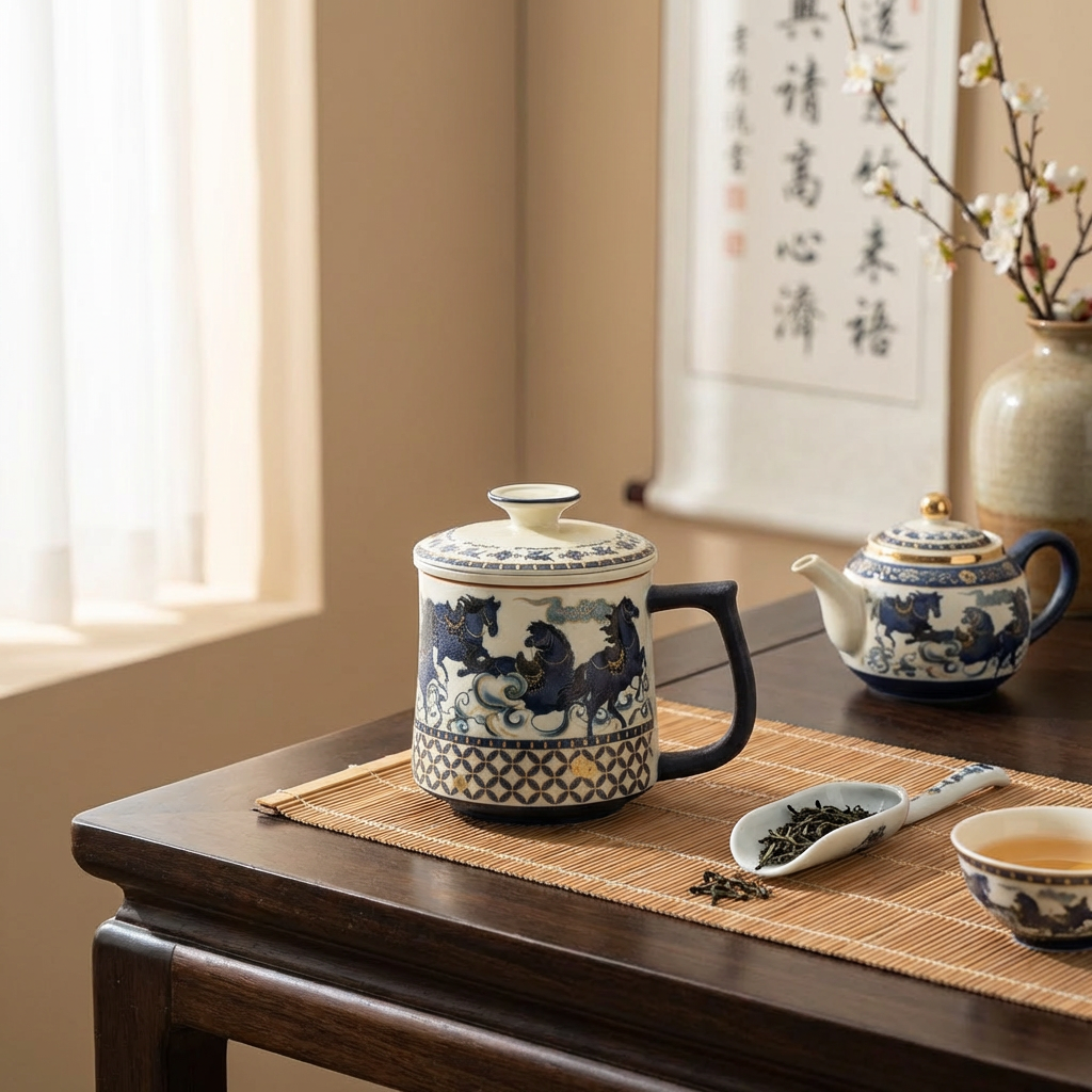 Galloping Horse Ceramic Tea Cup with Infuser and Lid