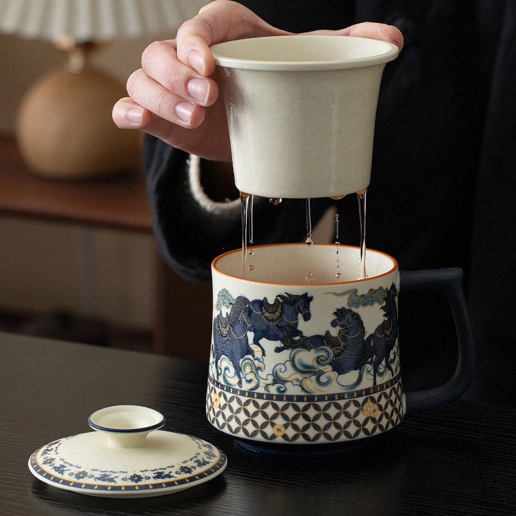 Galloping Horse Ceramic Tea Cup with Infuser and Lid