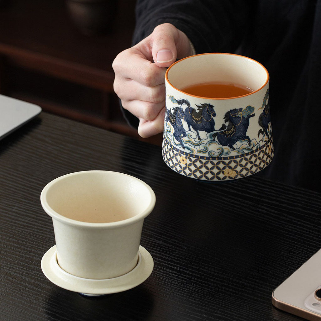 Galloping Horse Ceramic Tea Cup with Infuser and Lid