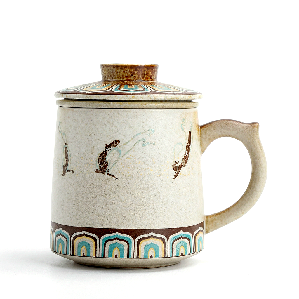 Dunhuang Flying Apsaras Ceramic Tea Cup with Infuser and Wooden Tray