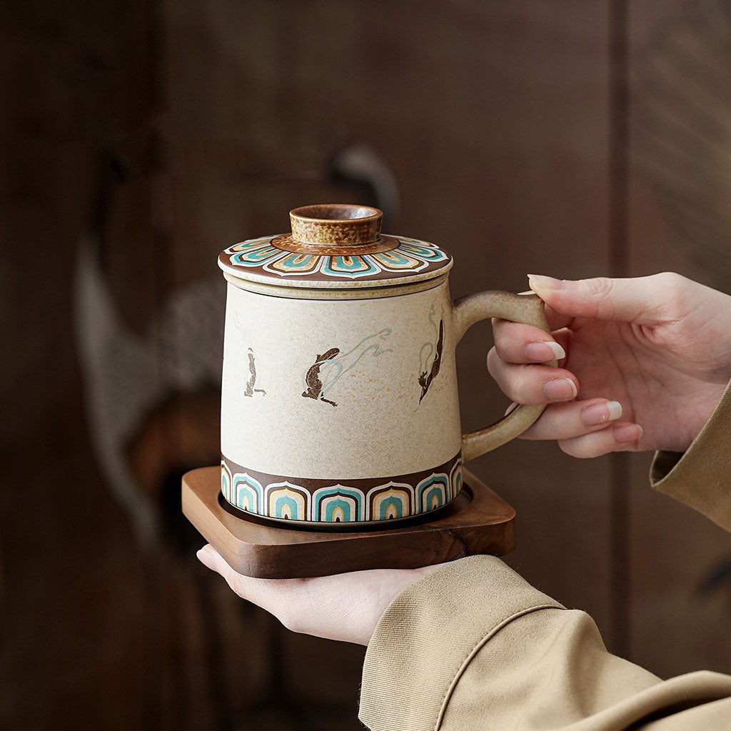 Dunhuang Flying Apsaras Ceramic Tea Cup with Infuser and Wooden Tray