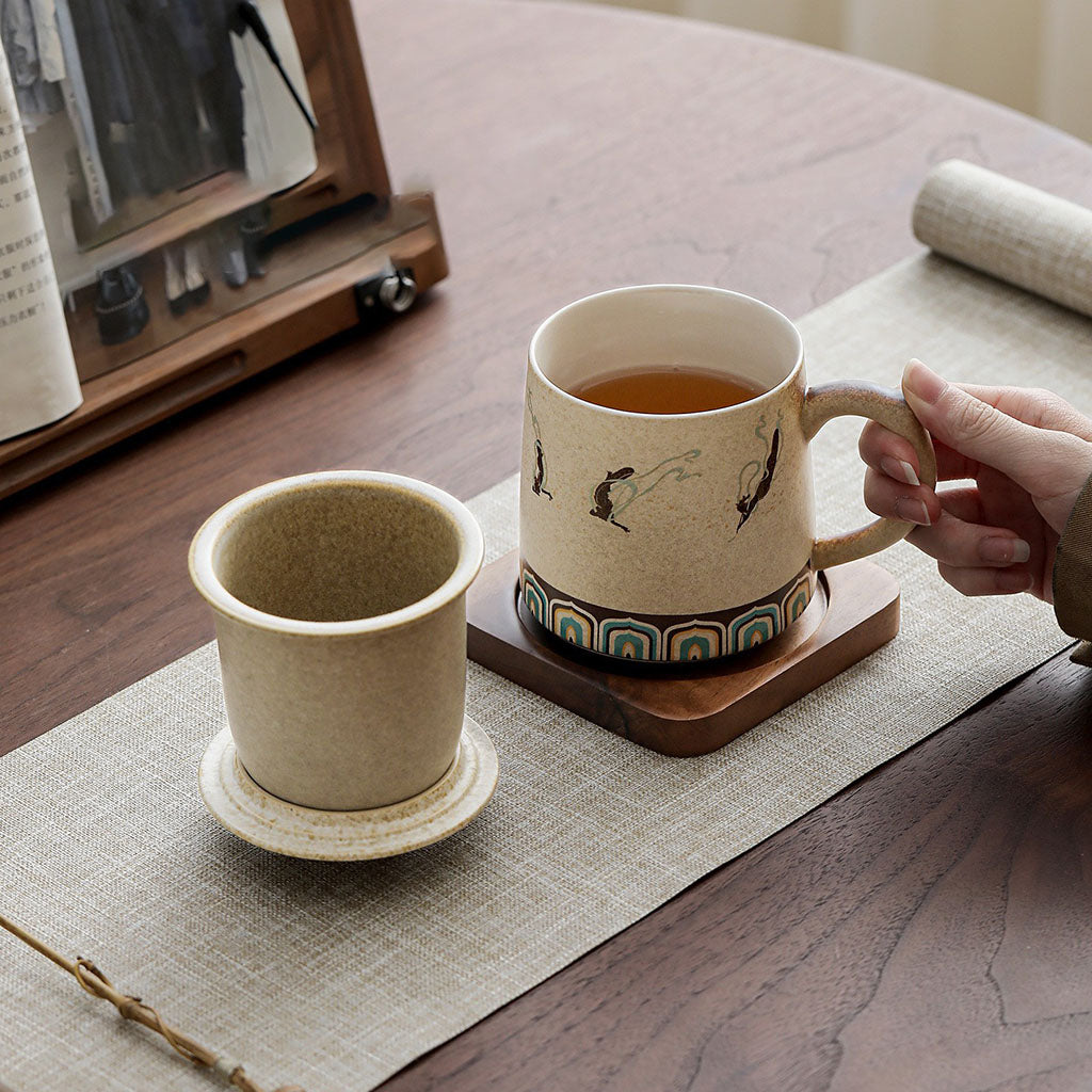 Dunhuang Flying Apsaras Ceramic Tea Cup with Infuser and Wooden Tray