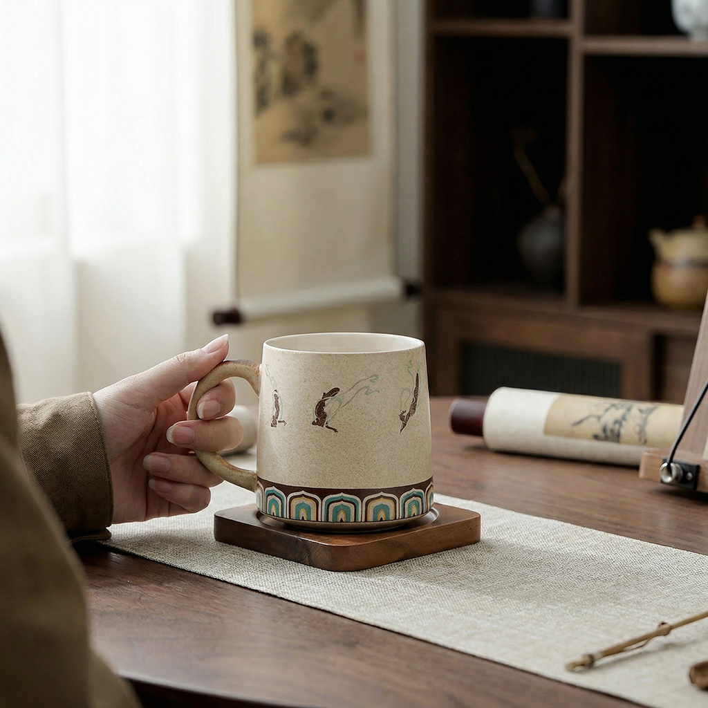 Dunhuang Flying Apsaras Ceramic Tea Cup with Infuser and Wooden Tray