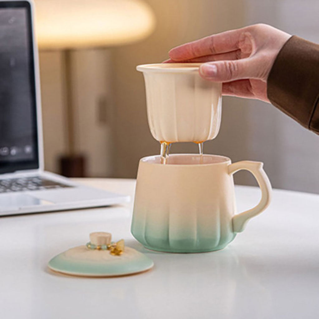 Gradient Ceramic Tea Cup with Infuser and Lid