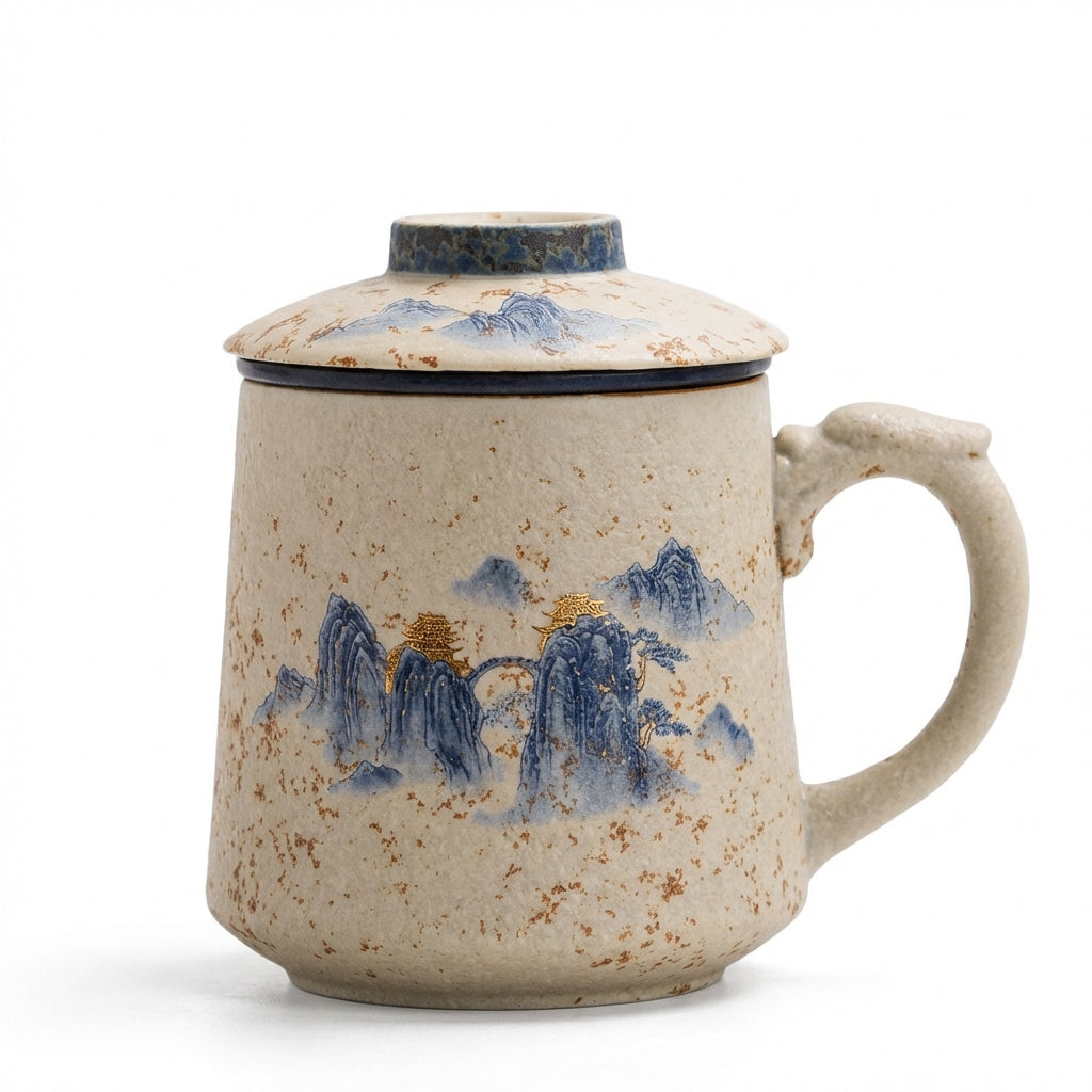 Flint Red Ceramic Tea Cup with Infuser and Landscape Design