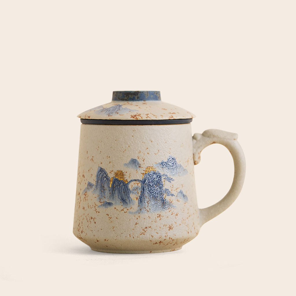 Flint Red Ceramic Tea Cup with Infuser and Landscape Design