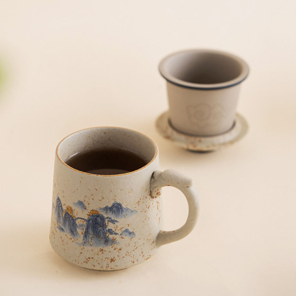 Flint Red Ceramic Tea Cup with Infuser and Landscape Design
